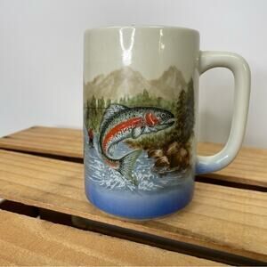 Vintage Otagiri Japan coffee cup mug salmon and fishing man